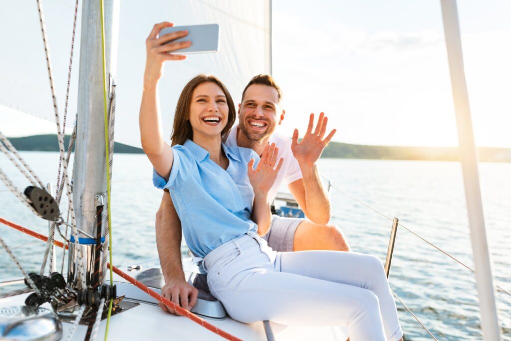 Couple enjoying a sunset yacht cruise in Newport Beach